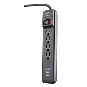 Woods Brand 4 Outlet Surge Protector w/USB Charging Port + 3' Cord