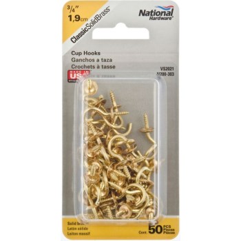 Solid Brass Cup Hooks, 3/4" ~ Pack of 50 