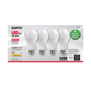 Satco 15.5W LED A19 Bulb, Warm White 2700K - 4pk
