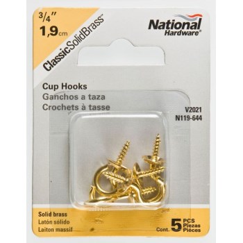  Solid Brass Cup Hook, 3/4" ~ Pack of 5 