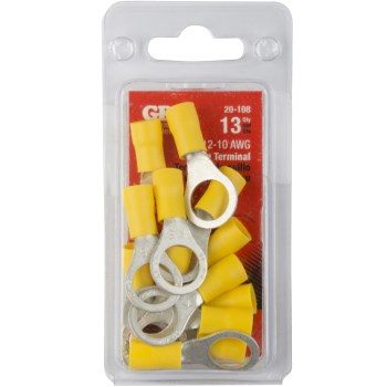 Vinyl Ring Terminal, Yellow 12-10 AWG - 1/4-3/8" Stud, 13pk