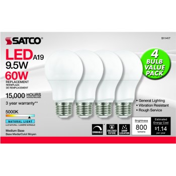 LED 4 Pack 9.5W 5k Dimmable Bulb