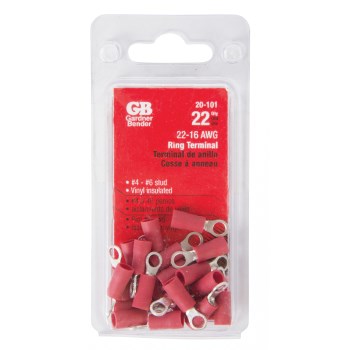 Vinyl Ring Terminal, Red 22-18 AWG - #4-6 Stud, 22pk