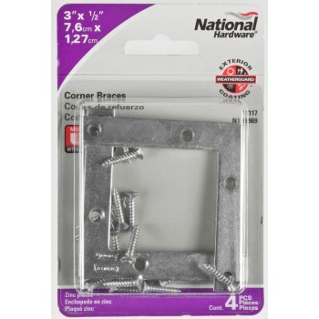 Flat Corner Brace,  Zinc ~ 3" x 1/2" 