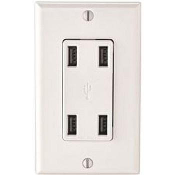 USB Charger Outlet, 4-Port Vertical - 4.2 Amps, White
