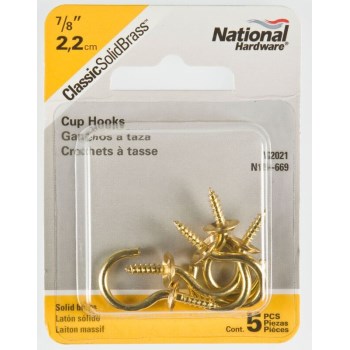 Cup Hook,  Solid Brass - 7/8" ~ Pack of 4