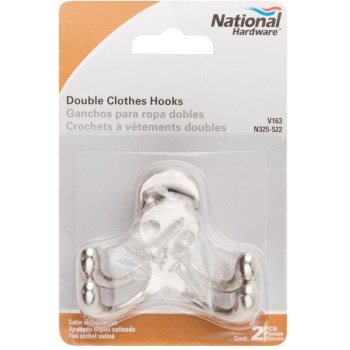 Double Clothes Hook, Satin Nickel Finish ~ 2 Pack