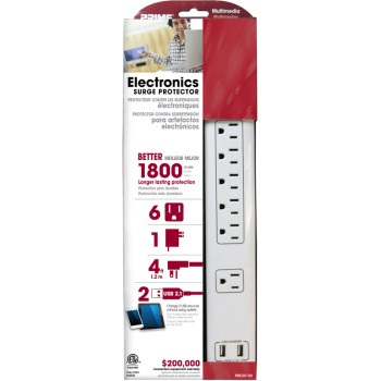 Prime Wire/cable Pb525106 6 Outlet Surge Protector W/usb Charger + 4